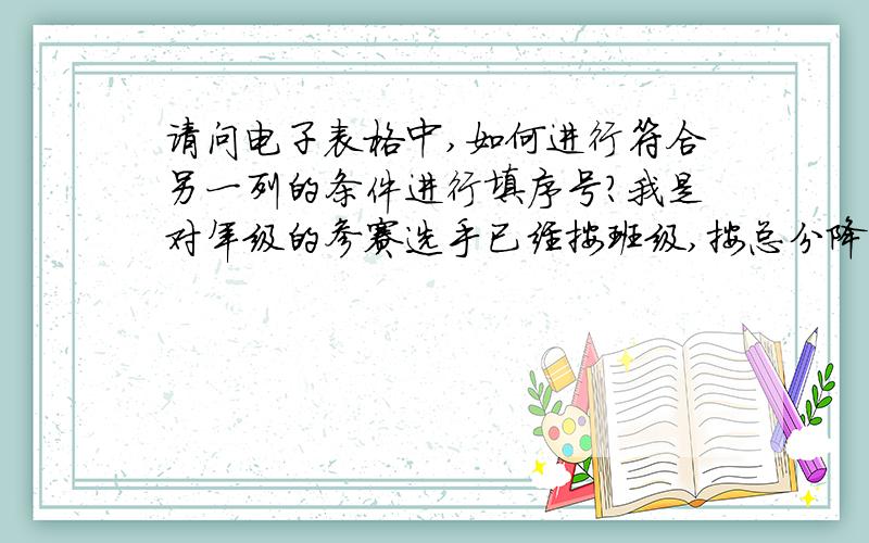 请问电子表格中,如何进行符合另一列的条件进行填序号?我是对年级的参赛选手已经按班级,按总分降序后,要对各班参赛标上序号.