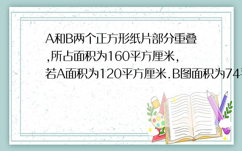 A和B两个正方形纸片部分重叠,所占面积为160平方厘米,若A面积为120平方厘米.B图面积为74平方厘米 重叠面