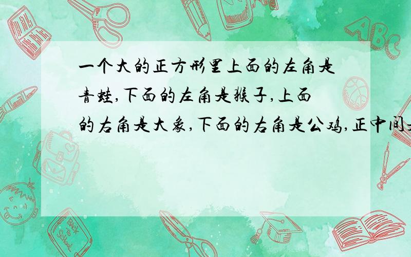 一个大的正方形里上面的左角是青蛙,下面的左角是猴子,上面的右角是大象,下面的右角是公鸡,正中间是小