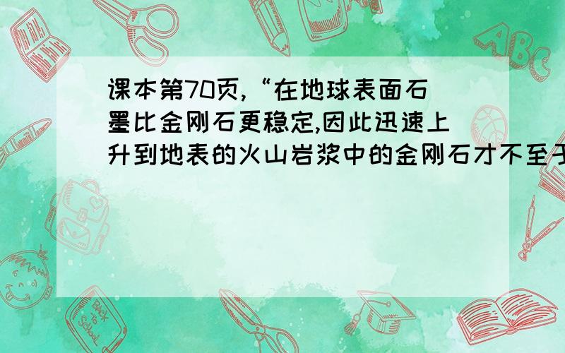 课本第70页,“在地球表面石墨比金刚石更稳定,因此迅速上升到地表的火山岩浆中的金刚石才不至于转化为石墨” 这句话怎么理解