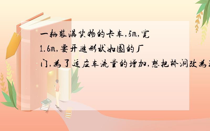 一辆装满货物的卡车,5m,宽1.6m,要开进形状如图的厂门,为了适应车流量的增加,想把桥洞改为双行道