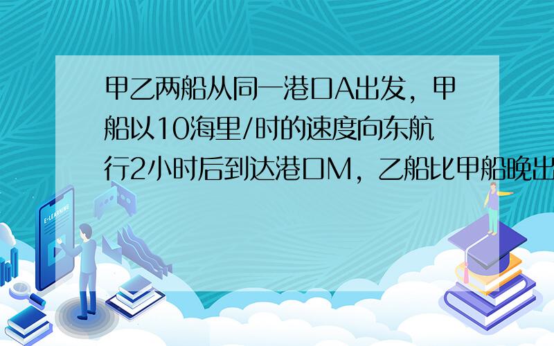 甲乙两船从同一港口A出发，甲船以10海里/时的速度向东航行2小时后到达港口M，乙船比甲船晚出发30分钟，以相同的速度向南