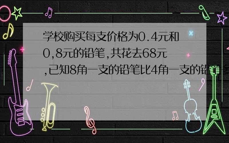 学校购买每支价格为0.4元和0,8元的铅笔,共花去68元,已知8角一支的铅笔比4角一支的铅笔多40支,那么2种