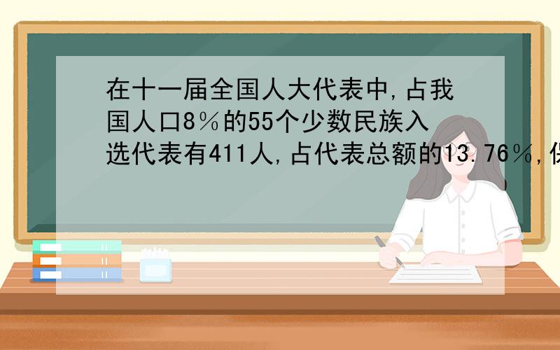 在十一届全国人大代表中,占我国人口8％的55个少数民族入选代表有411人,占代表总额的13.76％,保证各少数