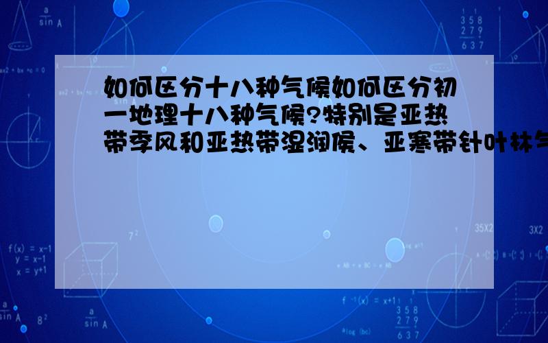 如何区分十八种气候如何区分初一地理十八种气候?特别是亚热带季风和亚热带湿润侯、亚寒带针叶林气候、高原山地气候急！！！！题