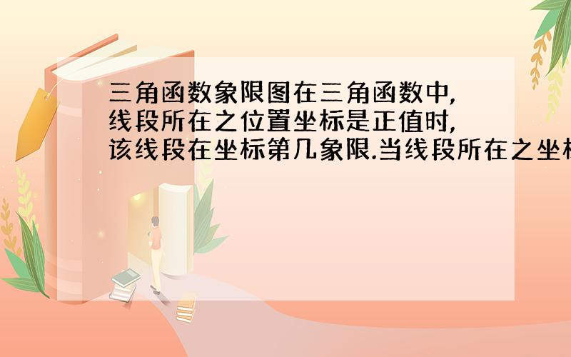 三角函数象限图在三角函数中,线段所在之位置坐标是正值时,该线段在坐标第几象限.当线段所在之坐标为(5,-7)与(-5,7