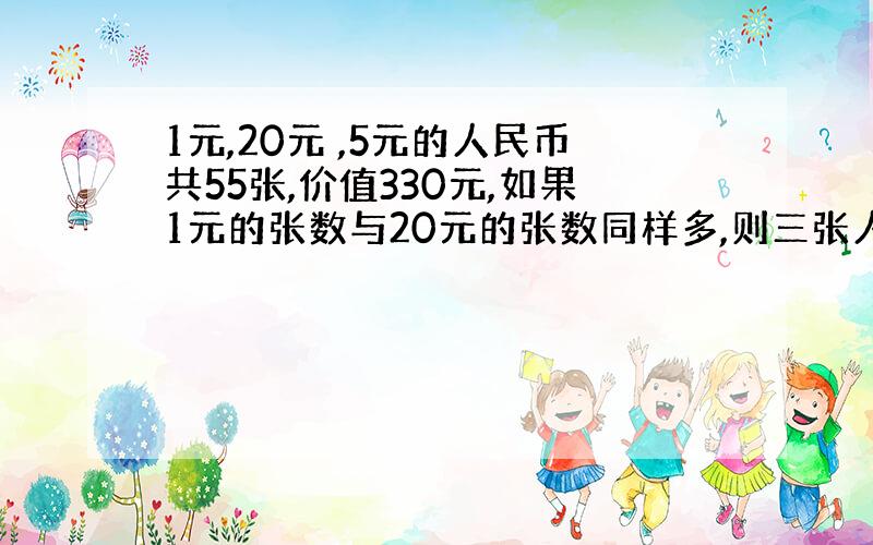 1元,20元 ,5元的人民币共55张,价值330元,如果1元的张数与20元的张数同样多,则三张人民币各有多少张?