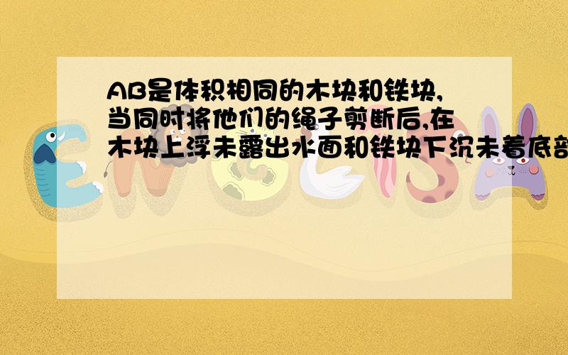 AB是体积相同的木块和铁块,当同时将他们的绳子剪断后,在木块上浮未露出水面和铁块下沉未着底部的过程中