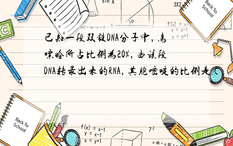 已知一段双链DNA分子中，鸟嘌呤所占比例为20%，由该段DNA转录出来的RNA，其胞嘧啶的比例是（　　）