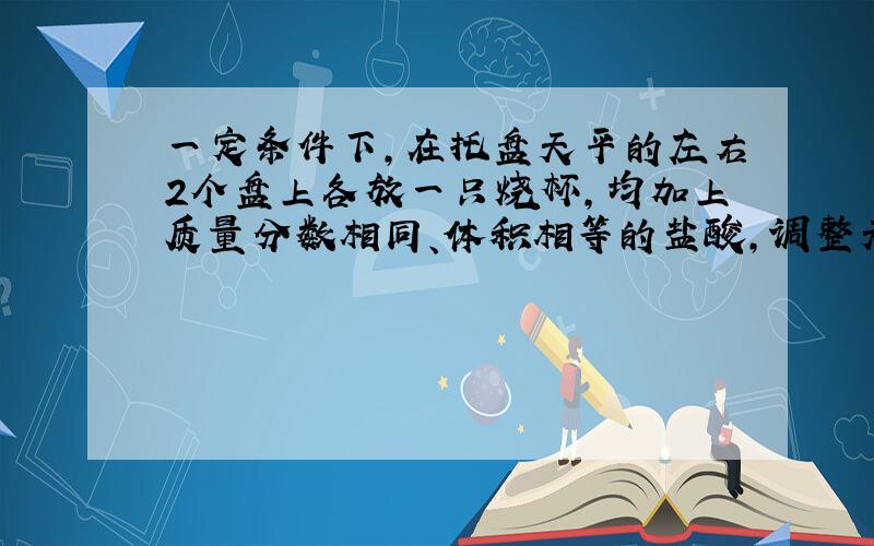 一定条件下,在托盘天平的左右2个盘上各放一只烧杯,均加上质量分数相同、体积相等的盐酸,调整天平呈平衡状态,最终能使天平保