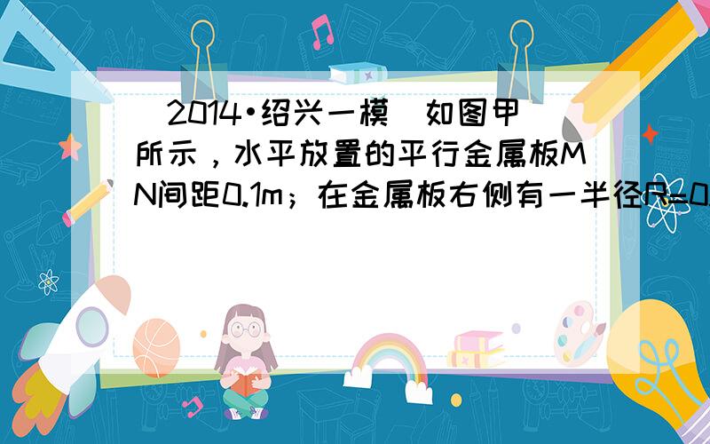 （2014•绍兴一模）如图甲所示，水平放置的平行金属板MN间距0.1m；在金属板右侧有一半径R=0.1m的圆形边界，区域