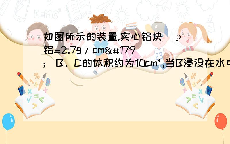 如图所示的装置,实心铝块（ρ铝=2.7g/cm³）B、C的体积约为10cm³,当B浸没在水中时,木块