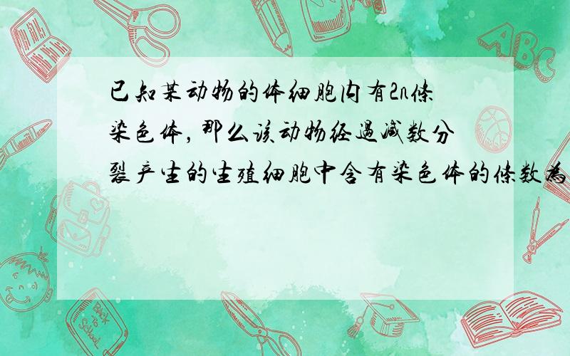 已知某动物的体细胞内有2n条染色体，那么该动物经过减数分裂产生的生殖细胞中含有染色体的条数为（　　）