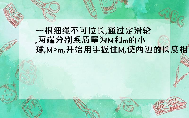 一根细绳不可拉长,通过定滑轮,两端分别系质量为M和m的小球,M>m,开始用手握住M,使两边的长度相等,求M由静止释放下落