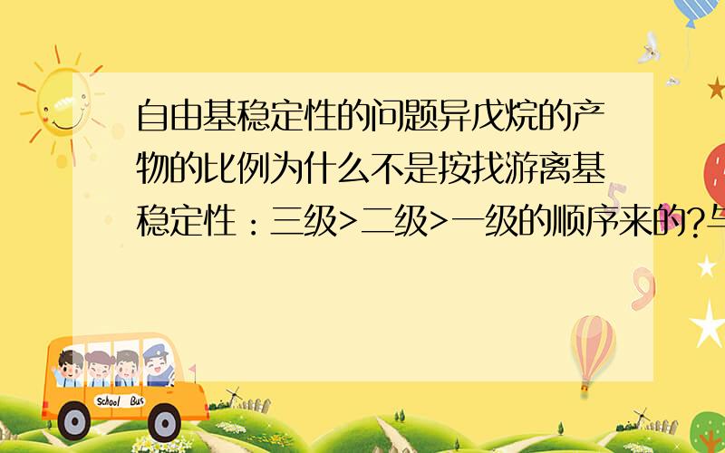 自由基稳定性的问题异戊烷的产物的比例为什么不是按找游离基稳定性：三级>二级>一级的顺序来的?与稳定性矛盾吗?