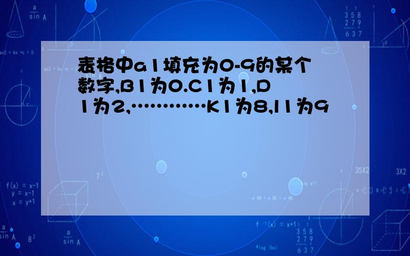 表格中a1填充为0-9的某个数字,B1为0.C1为1,D1为2,…………K1为8,l1为9