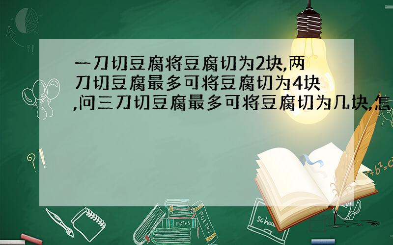 一刀切豆腐将豆腐切为2块,两刀切豆腐最多可将豆腐切为4块,问三刀切豆腐最多可将豆腐切为几块,怎么切?试做出图形.