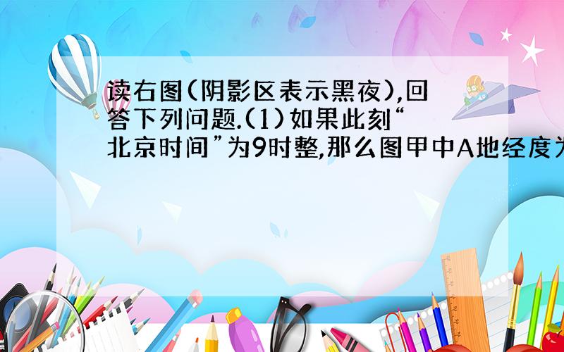 读右图(阴影区表示黑夜),回答下列问题.(1)如果此刻“北京时间”为9时整,那么图甲中A地经度为 .在昼夜平