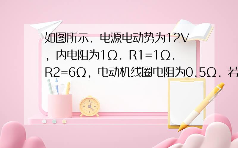 如图所示．电源电动势为12V，内电阻为1Ω．R1=1Ω．R2=6Ω，电动机线圈电阻为0.5Ω．若开关闭合后通过电源的电流