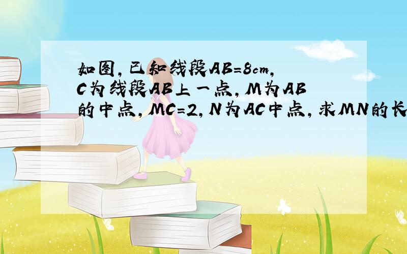 如图,已知线段AB=8cm,C为线段AB上一点,M为AB的中点,MC=2,N为AC中点,求MN的长?