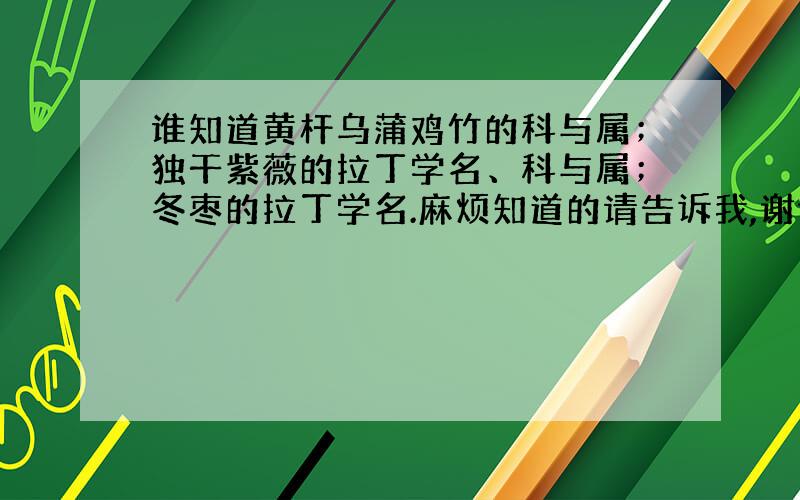 谁知道黄杆乌蒲鸡竹的科与属；独干紫薇的拉丁学名、科与属；冬枣的拉丁学名.麻烦知道的请告诉我,谢谢!