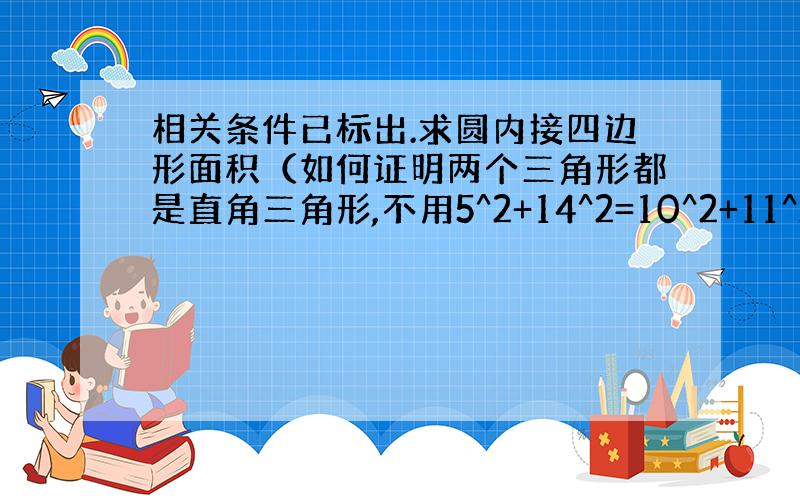 相关条件已标出.求圆内接四边形面积（如何证明两个三角形都是直角三角形,不用5^2+14^2=10^2+11^2）