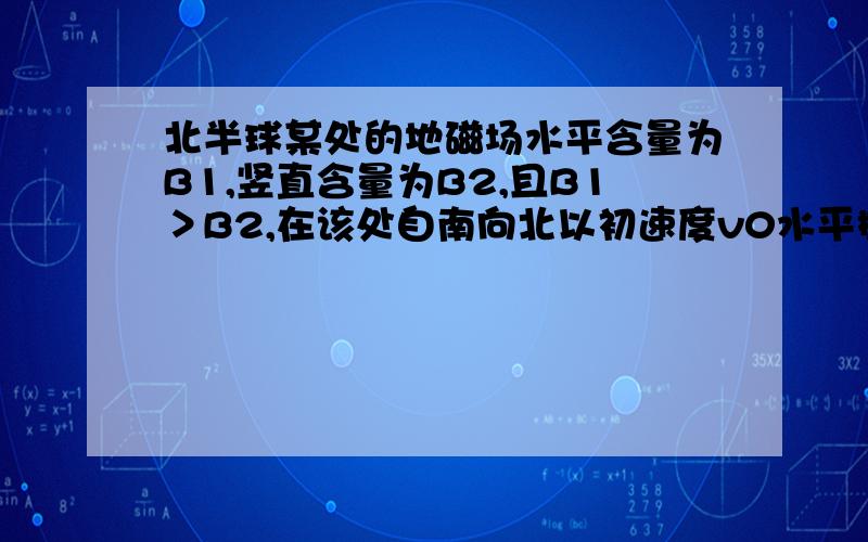 北半球某处的地磁场水平含量为B1,竖直含量为B2,且B1＞B2,在该处自南向北以初速度v0水平抛出一根东西向放置的长为L