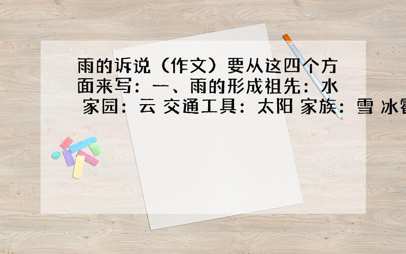 雨的诉说（作文）要从这四个方面来写：一、雨的形成祖先：水 家园：云 交通工具：太阳 家族：雪 冰雹 雾.二、雨的到来春雨