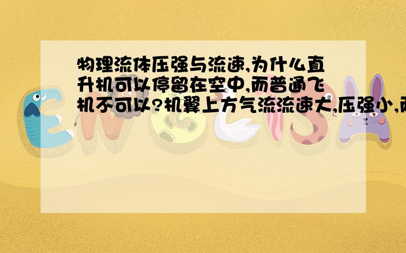 物理流体压强与流速,为什么直升机可以停留在空中,而普通飞机不可以?机翼上方气流流速大,压强小,而机翼下方气流流速小,压强