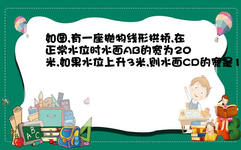 如图,有一座抛物线形拱桥,在正常水位时水面AB的宽为20米,如果水位上升3米,则水面CD的宽是10米