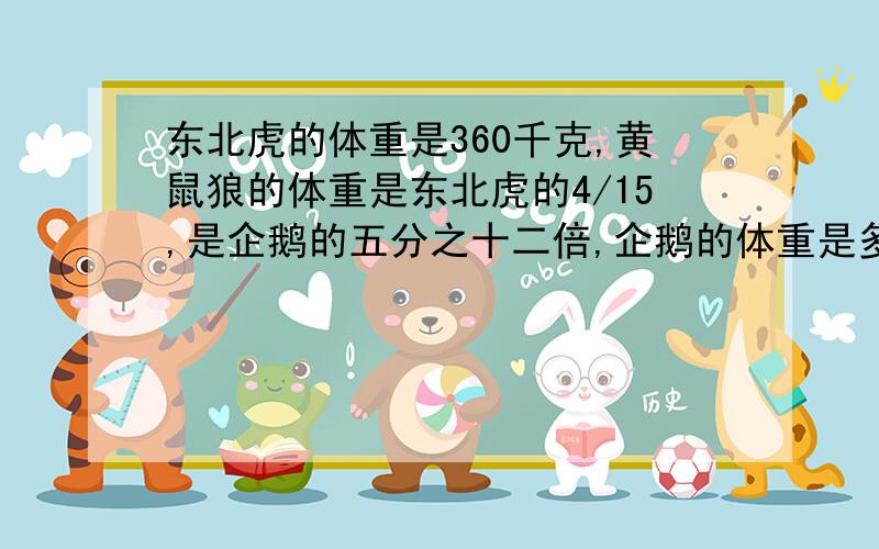 东北虎的体重是360千克,黄鼠狼的体重是东北虎的4/15,是企鹅的五分之十二倍,企鹅的体重是多少?