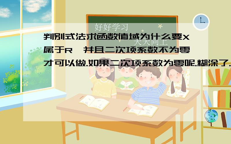 判别式法求函数值域为什么要X属于R,并且二次项系数不为零才可以做.如果二次项系数为零呢.糊涂了.