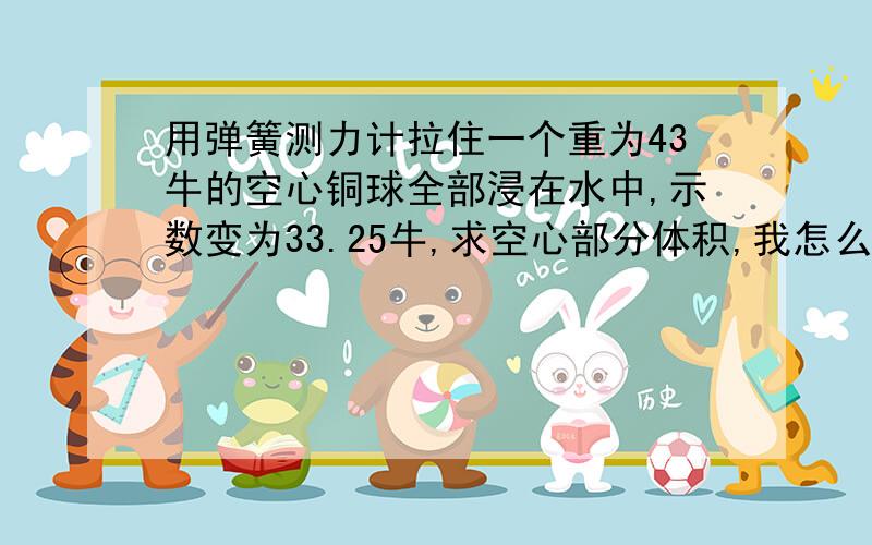 用弹簧测力计拉住一个重为43牛的空心铜球全部浸在水中,示数变为33.25牛,求空心部分体积,我怎么算都不对,求讲接