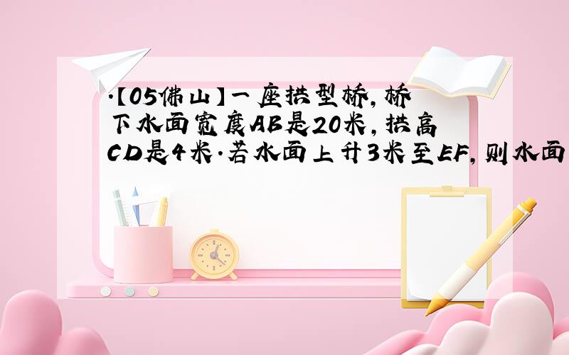 .【05佛山】一座拱型桥,桥下水面宽度AB是20米,拱高CD是4米．若水面上升3米至EF,则水面宽度EF是多少?