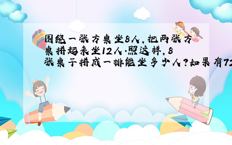 围绕一张方桌坐8人,把两张方桌拼起来坐12人.照这样,8张桌子拼成一排能坐多少人?如果有72人,需要并多少张桌子才能坐下