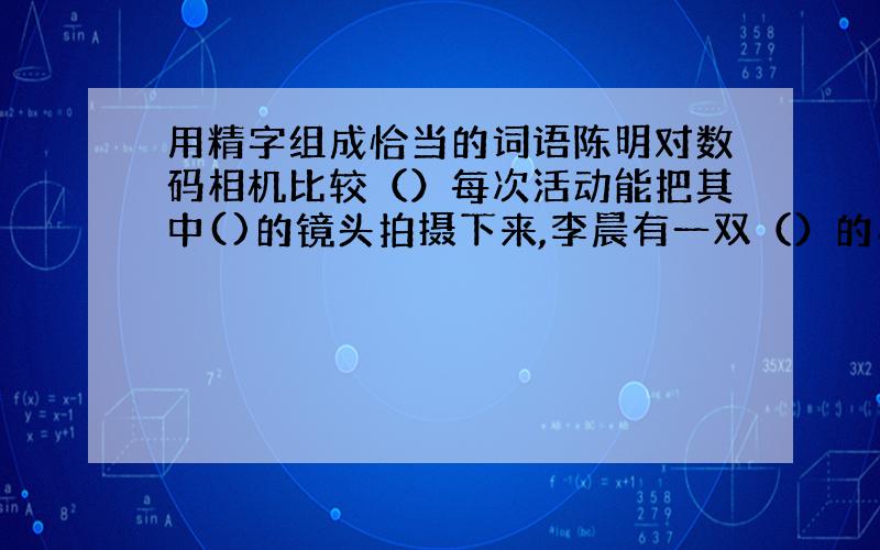 用精字组成恰当的词语陈明对数码相机比较（）每次活动能把其中()的镜头拍摄下来,李晨有一双（）的小手,他做的浮雕画（）极了