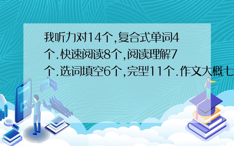 我听力对14个,复合式单词4个.快速阅读8个,阅读理解7个.选词填空6个,完型11个.作文大概七八十分吧