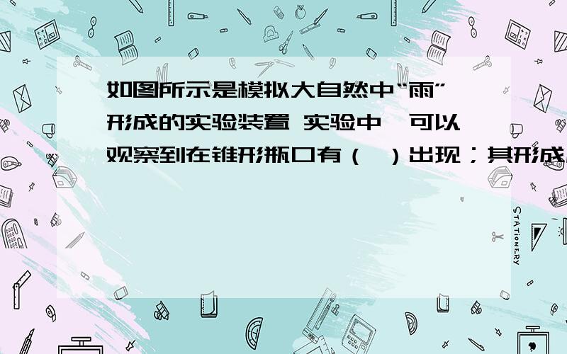 如图所示是模拟大自然中“雨”形成的实验装置 实验中,可以观察到在锥形瓶口有（ ）出现；其形成原因是