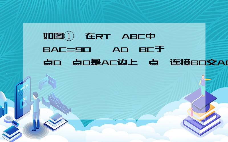 如图①,在RT△ABC中,∠BAC=90°,AD⊥BC于点D,点O是AC边上一点,连接BO交AD于F,OE⊥OB交BC边