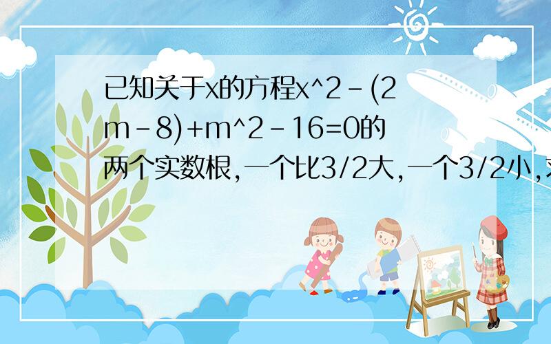 已知关于x的方程x^2-(2m-8)+m^2-16=0的两个实数根,一个比3/2大,一个3/2小,求实数m的取值范围.