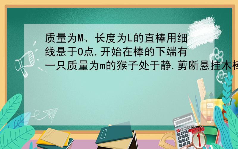 质量为M、长度为L的直棒用细线悬于O点,开始在棒的下端有一只质量为m的猴子处于静.剪断悬挂木棒的细绳,木棒开始下落,同时