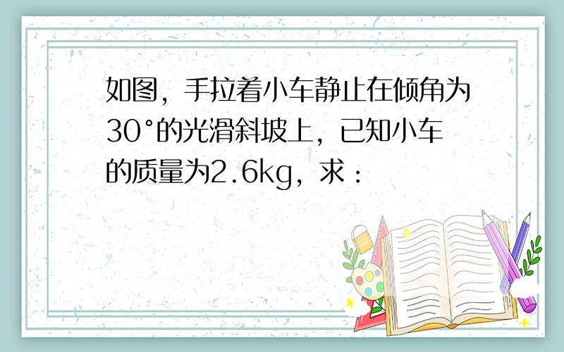 如图，手拉着小车静止在倾角为30°的光滑斜坡上，已知小车的质量为2.6kg，求：