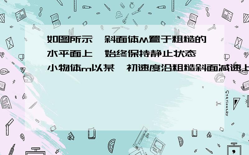 如图所示,斜面体M置于粗糙的水平面上,始终保持静止状态,小物体m以某一初速度沿粗糙斜面减速上滑后,