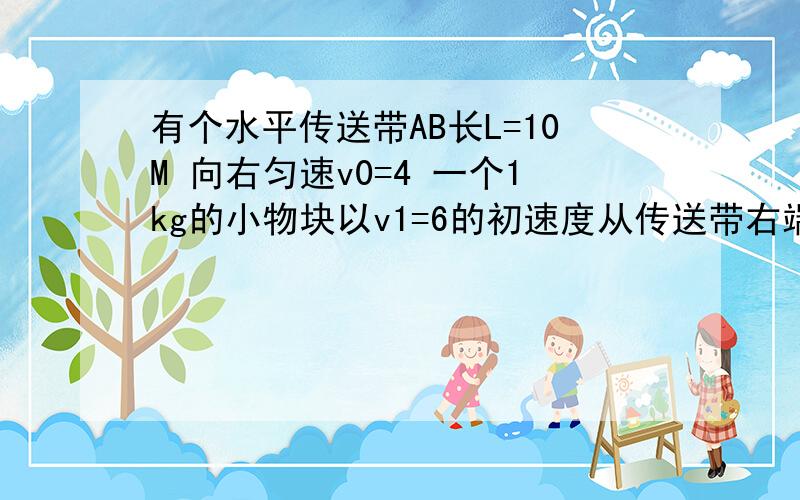 有个水平传送带AB长L=10M 向右匀速v0=4 一个1kg的小物块以v1=6的初速度从传送带右端B冲上传送带