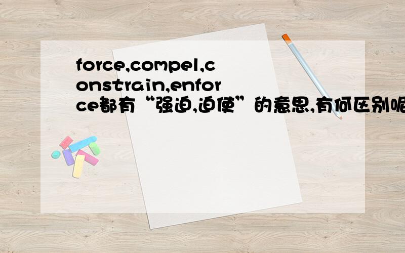 force,compel,constrain,enforce都有“强迫,迫使”的意思,有何区别呢?