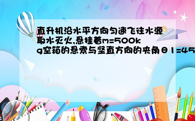 直升机沿水平方向匀速飞往水源取水灭火,悬挂着m=500kg空箱的悬索与坚直方向的夹角θ1=450,直升机取水后飞往火场,