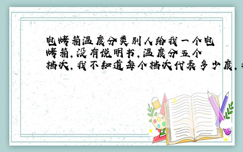 电烤箱温度分类别人给我一个电烤箱,没有说明书,温度分五个档次,我不知道每个档次代表多少度,我要是烤软陶泥要用哪一档,