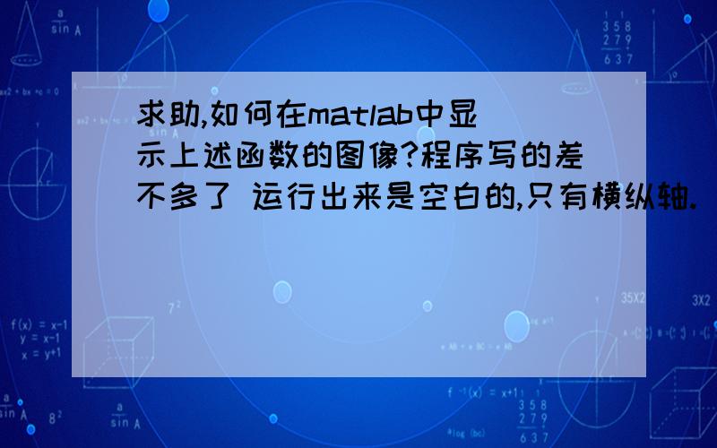 求助,如何在matlab中显示上述函数的图像?程序写的差不多了 运行出来是空白的,只有横纵轴.