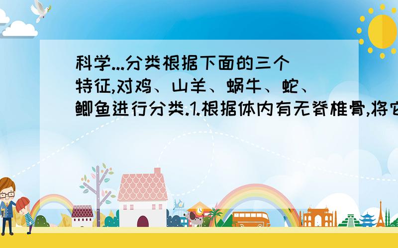 科学...分类根据下面的三个特征,对鸡、山羊、蜗牛、蛇、鲫鱼进行分类.1.根据体内有无脊椎骨,将它们分为_____动物和