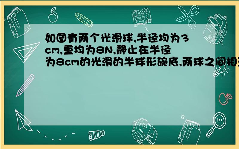 如图有两个光滑球,半径均为3cm,重均为8N,静止在半径为8cm的光滑的半球形碗底,两球之间相互作用力的大小为多少?&n